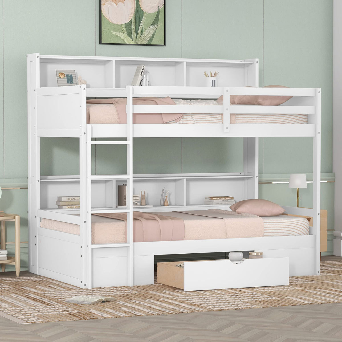 Twin Over Twin Wooden Bunk Bed with Shelves and Storage Drawer V1206