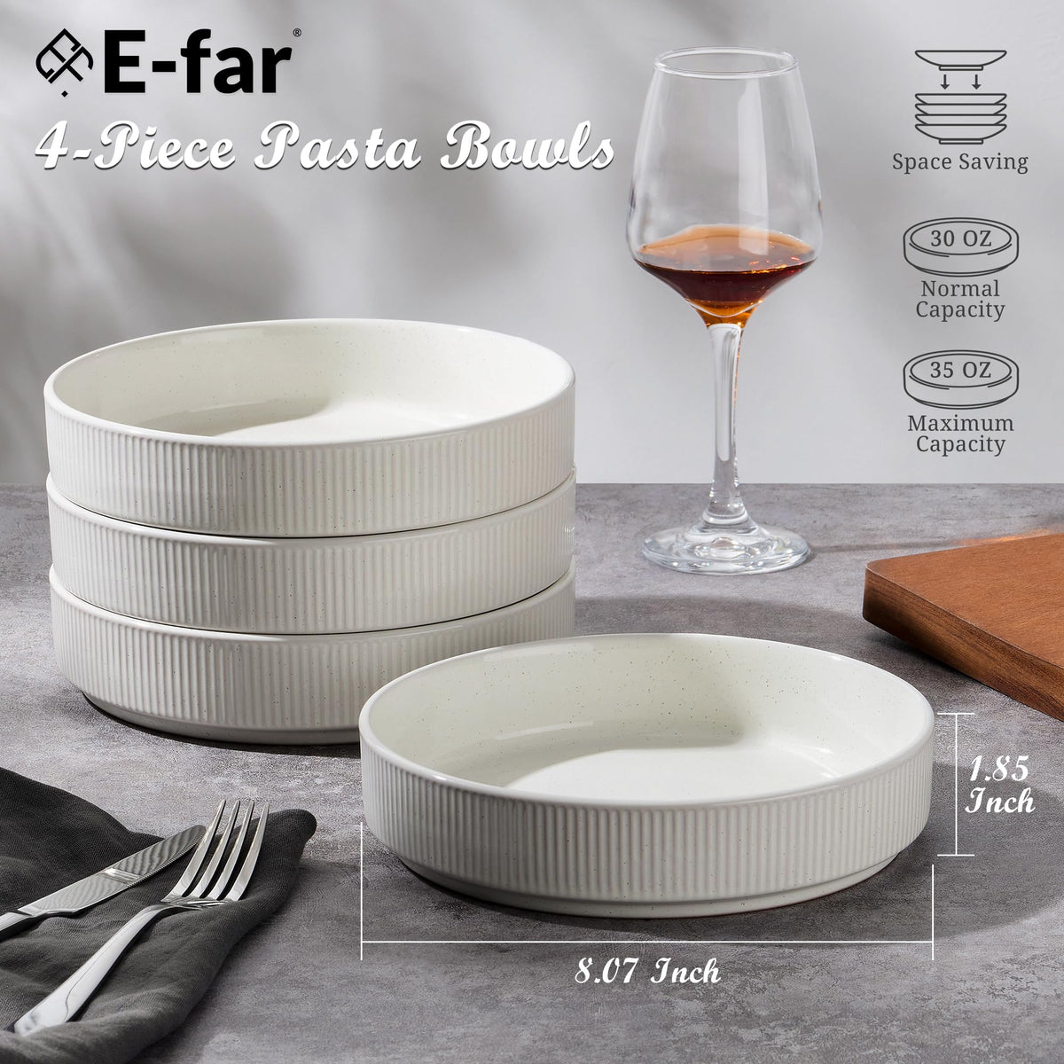 Pasta Bowls Set of 4, 35oz Ceramic, White, 8" I9394