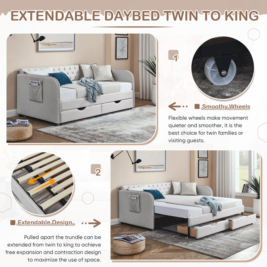 80.5" Button Tufted Linen Daybed with Drawer and Trundle A12614