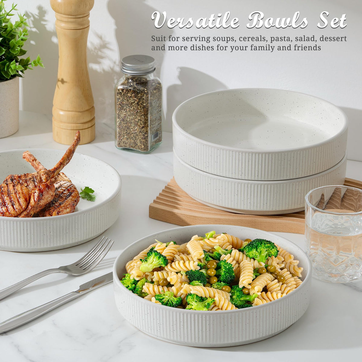 Pasta Bowls Set of 4, 35oz Ceramic, White, 8" I9394