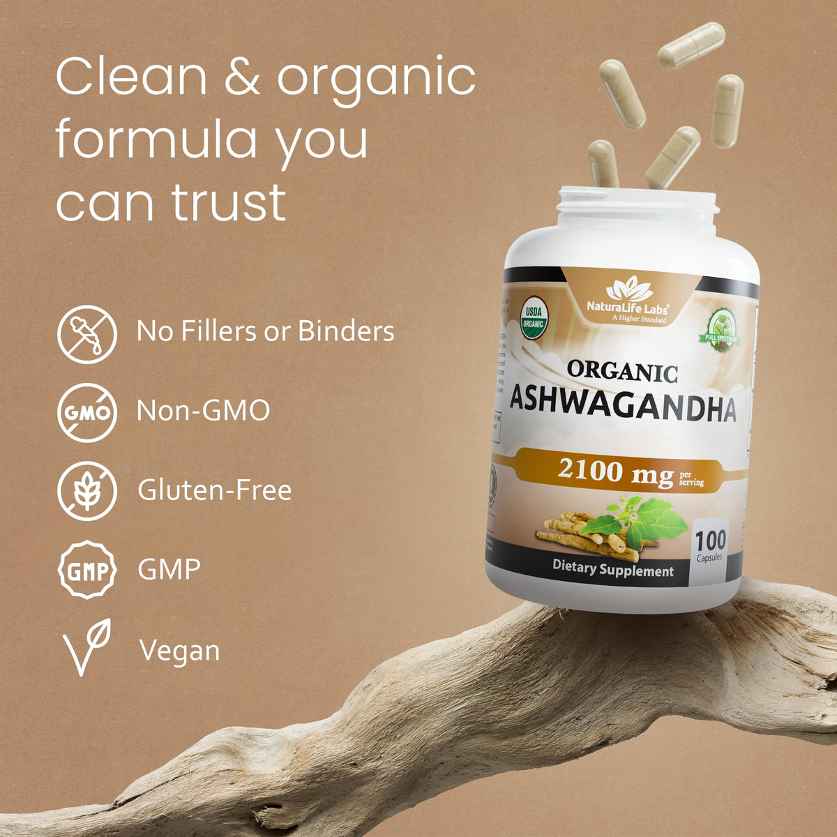 Organic Ashwagandha 2100 mg 100 Capsules Vegan Non-GMO Gluten-Free S9936