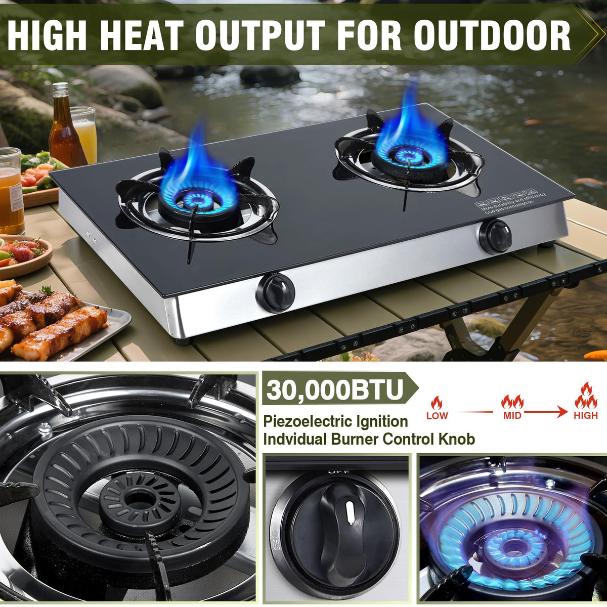 2-Burner Propane Gas Cooktop Portable Tempered Glass Stove J601565