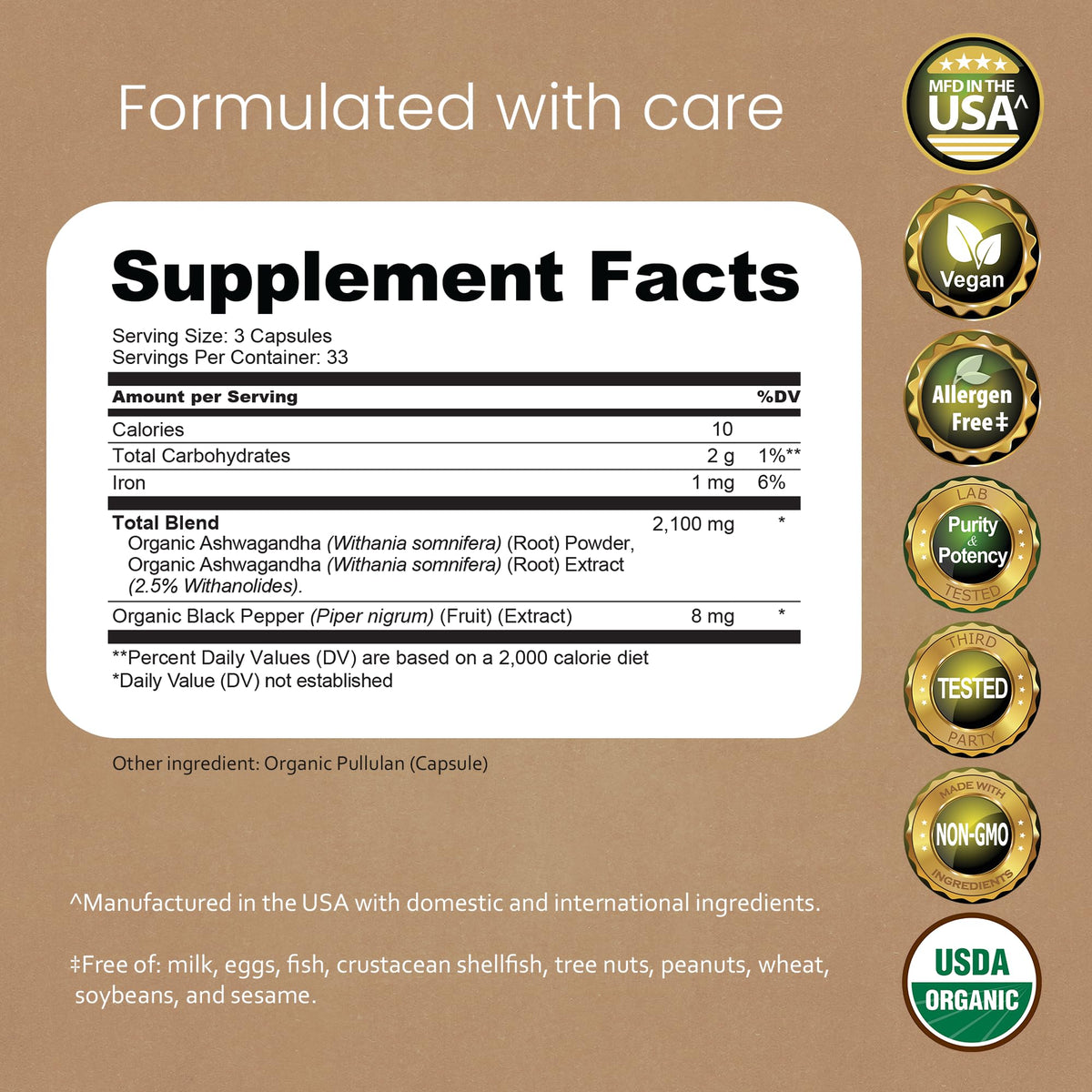 Organic Ashwagandha 2100 mg 100 Capsules Vegan Non-GMO Gluten-Free S9936