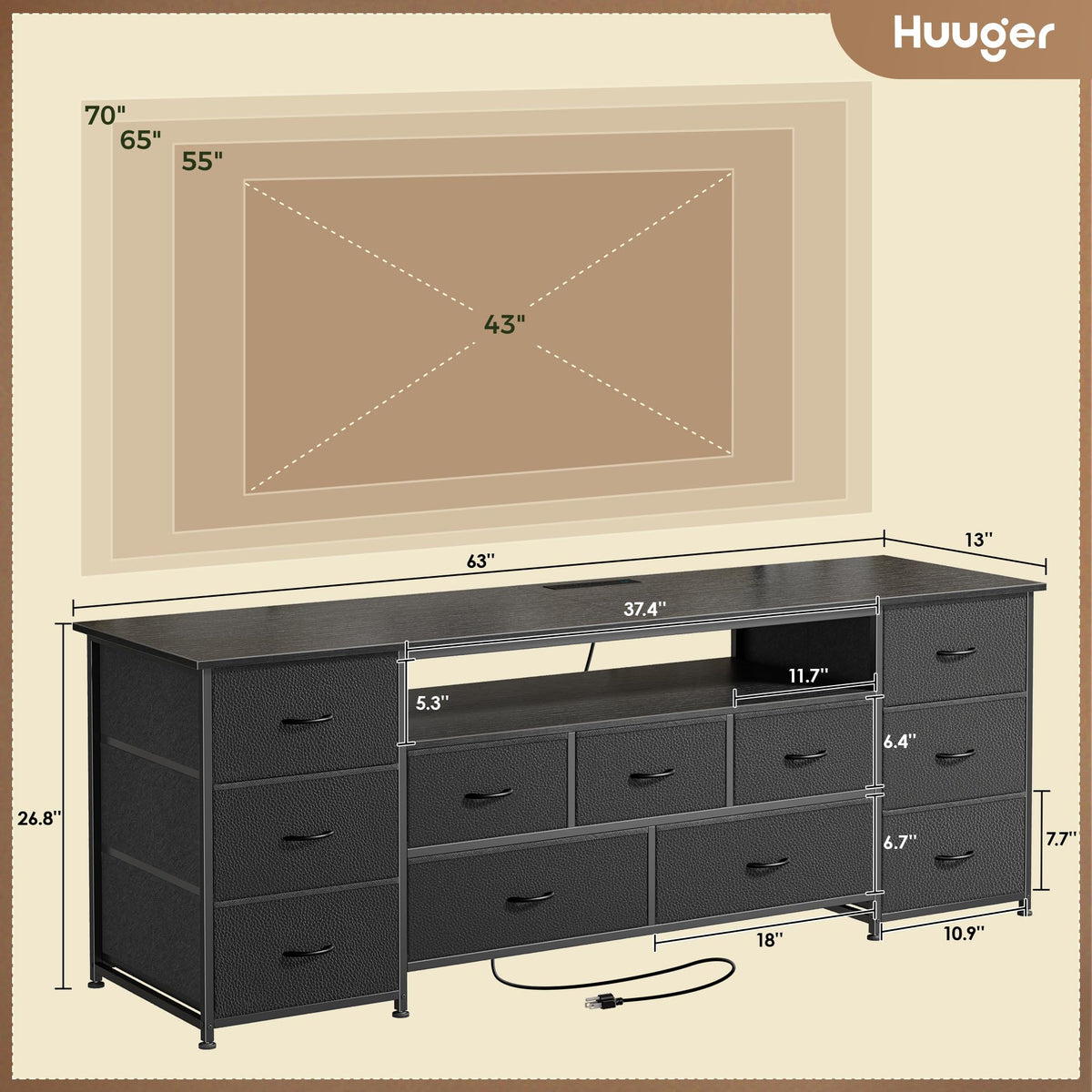 63 Inch 11 Drawer TV Stand with Power Outlets and LED Lights G48686