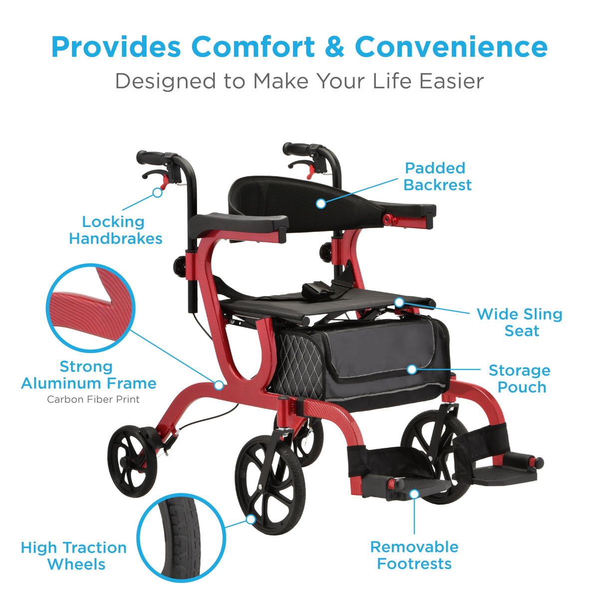 2-in-1 Folding Rollator Walker & Transport Chair with 10” Front Wheels F8921