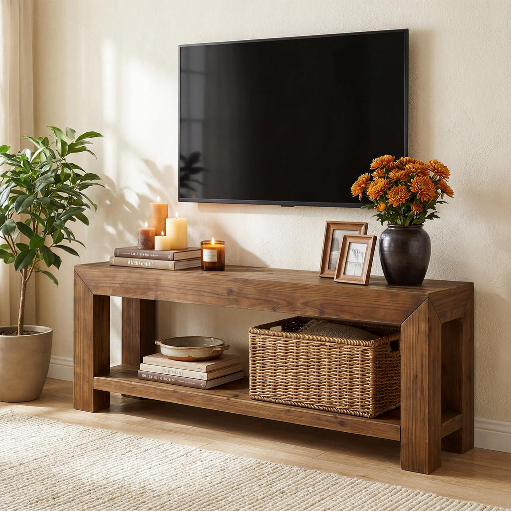 Solid Wood 63" TV Stand with Open Storage Shelves D297126