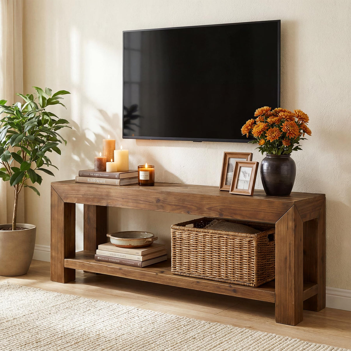 Solid Wood 63" TV Stand with Open Storage Shelves D297126