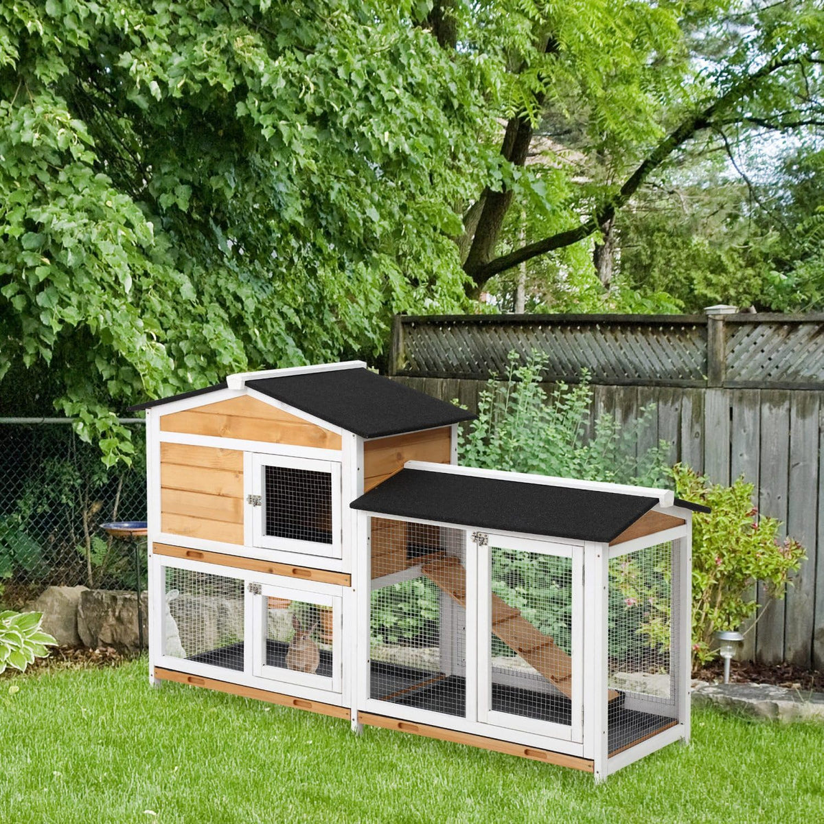 2-Story Wooden Rabbit Hutch with Ramp L371802