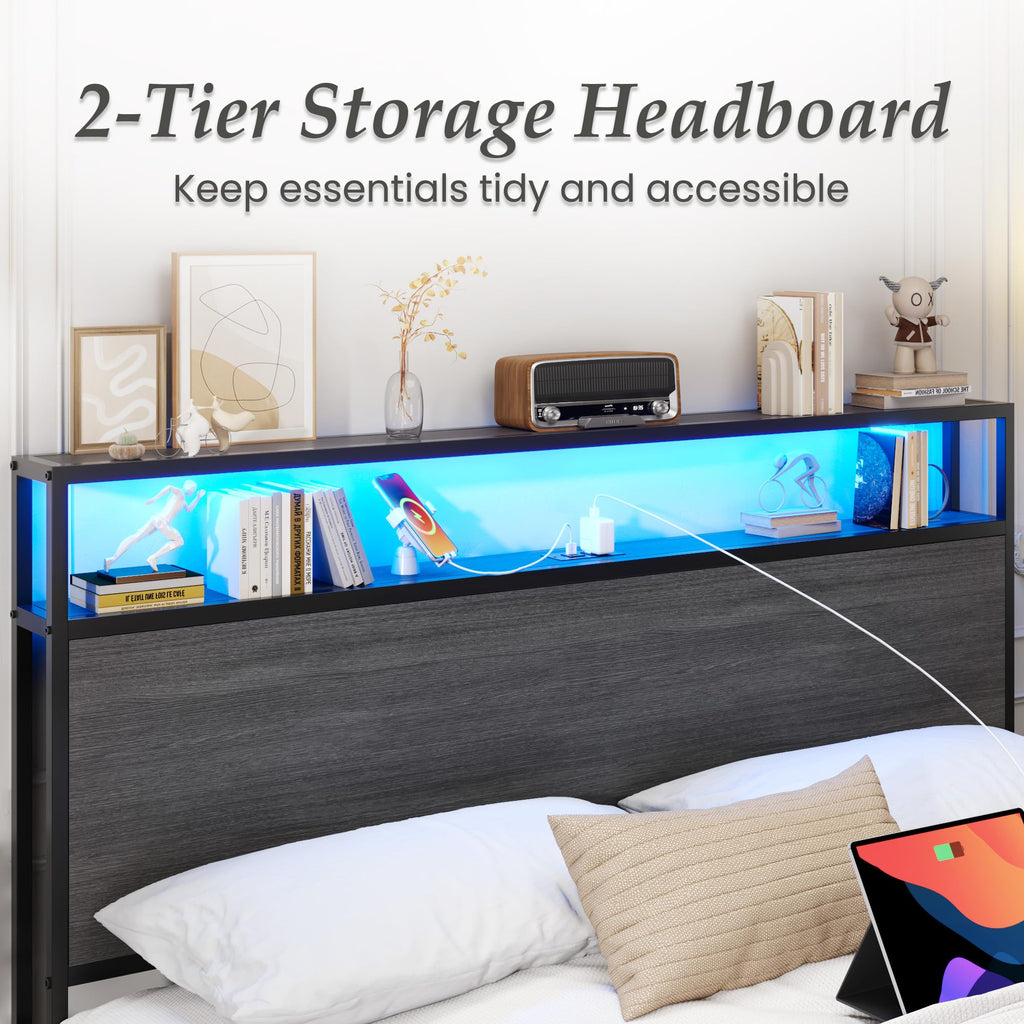 Rustic Grey Full Bed Frame with Charging Station E86919