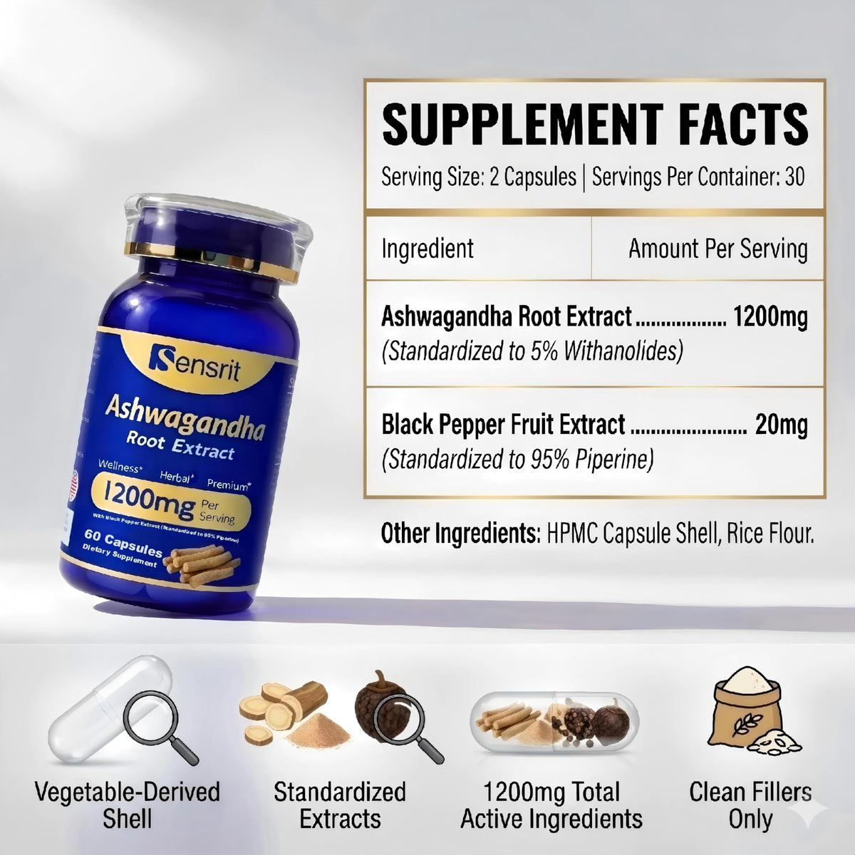 Ashwagandha 1200mg Root Extract 60 Capsules Supplement D19577