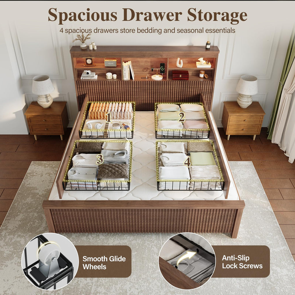 Queen Size Wood Bed Frame with 4 Storage Drawers D3545