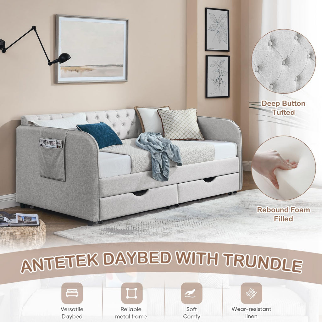 80.5" Button Tufted Linen Daybed with Drawer and Trundle A12614