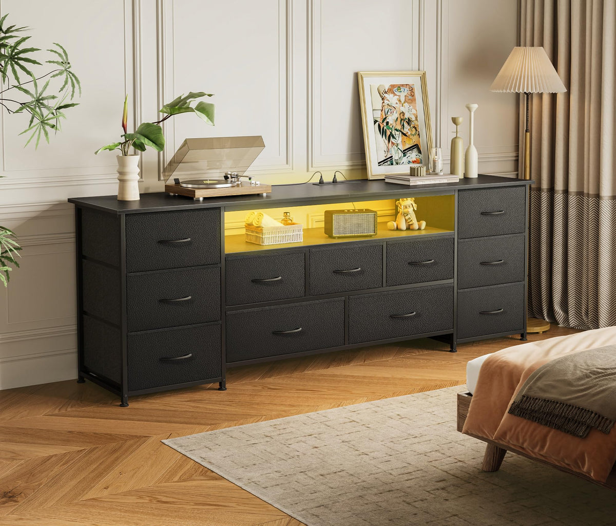 63 Inch 11 Drawer TV Stand with Power Outlets and LED Lights G48686