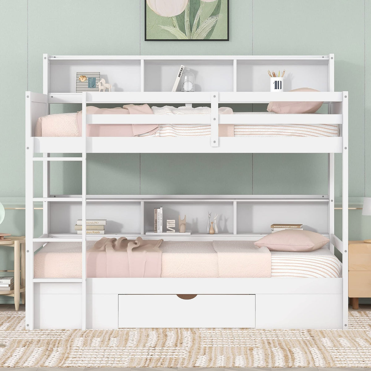 Twin Over Twin Wooden Bunk Bed with Shelves and Storage Drawer V1206