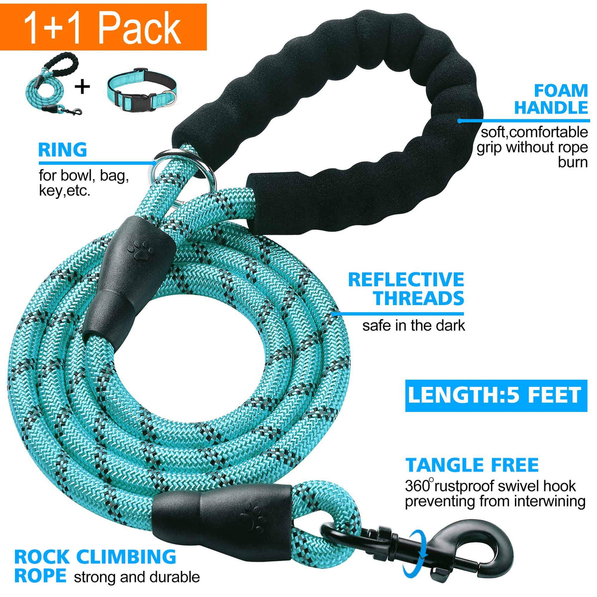 Reflective Padded Dog Collar with Neoprene, Medium, Turquoise J151
