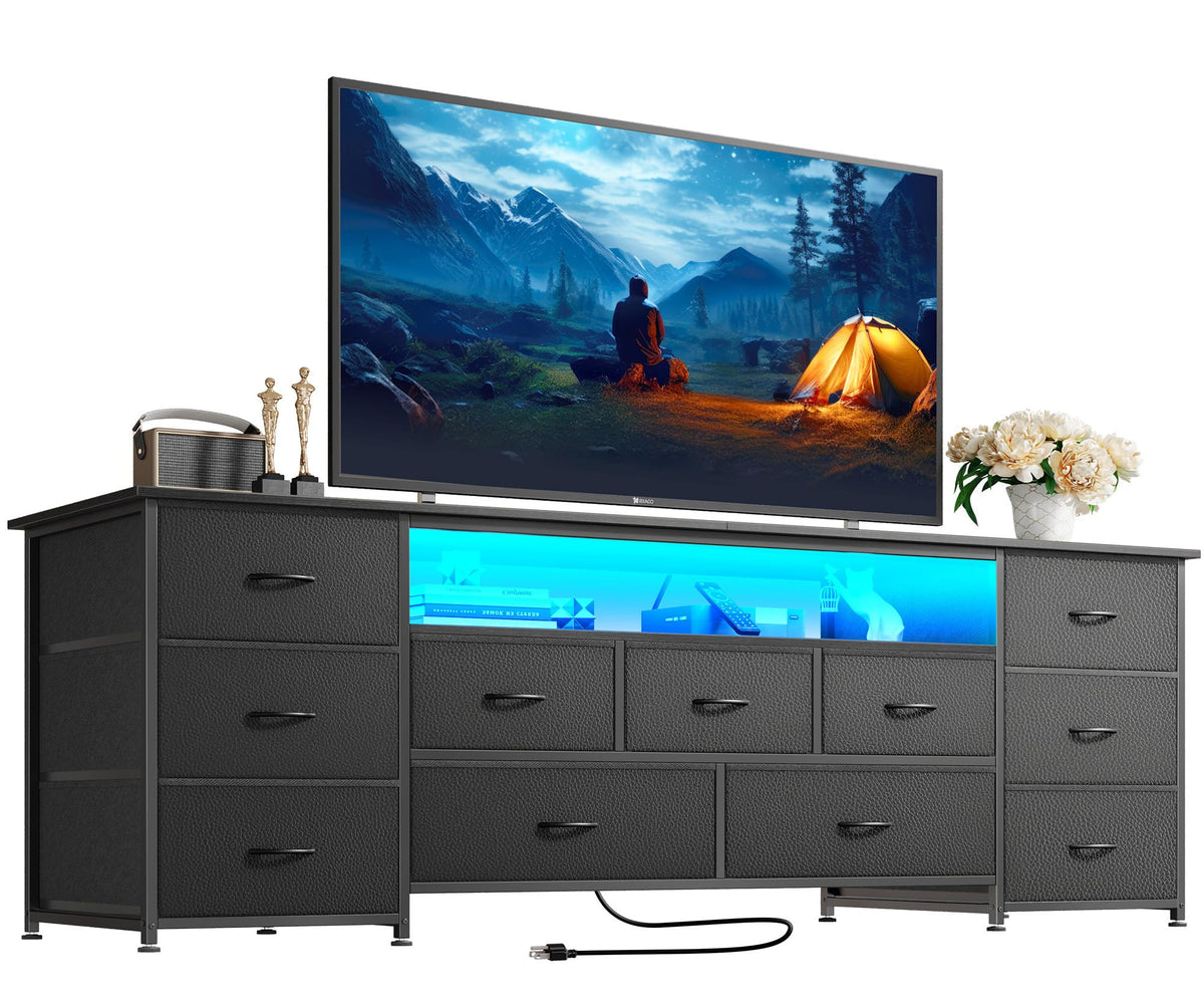 63 Inch 11 Drawer TV Stand with Power Outlets and LED Lights G48686