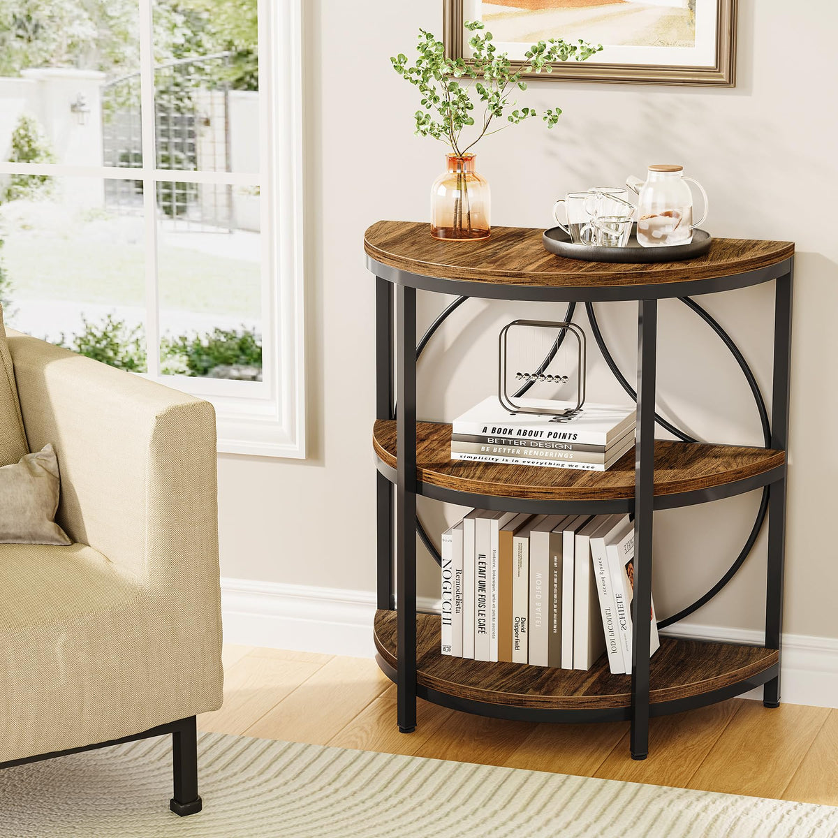 Half Round 3-Tier Narrow Side Table with Metal Frame N2215