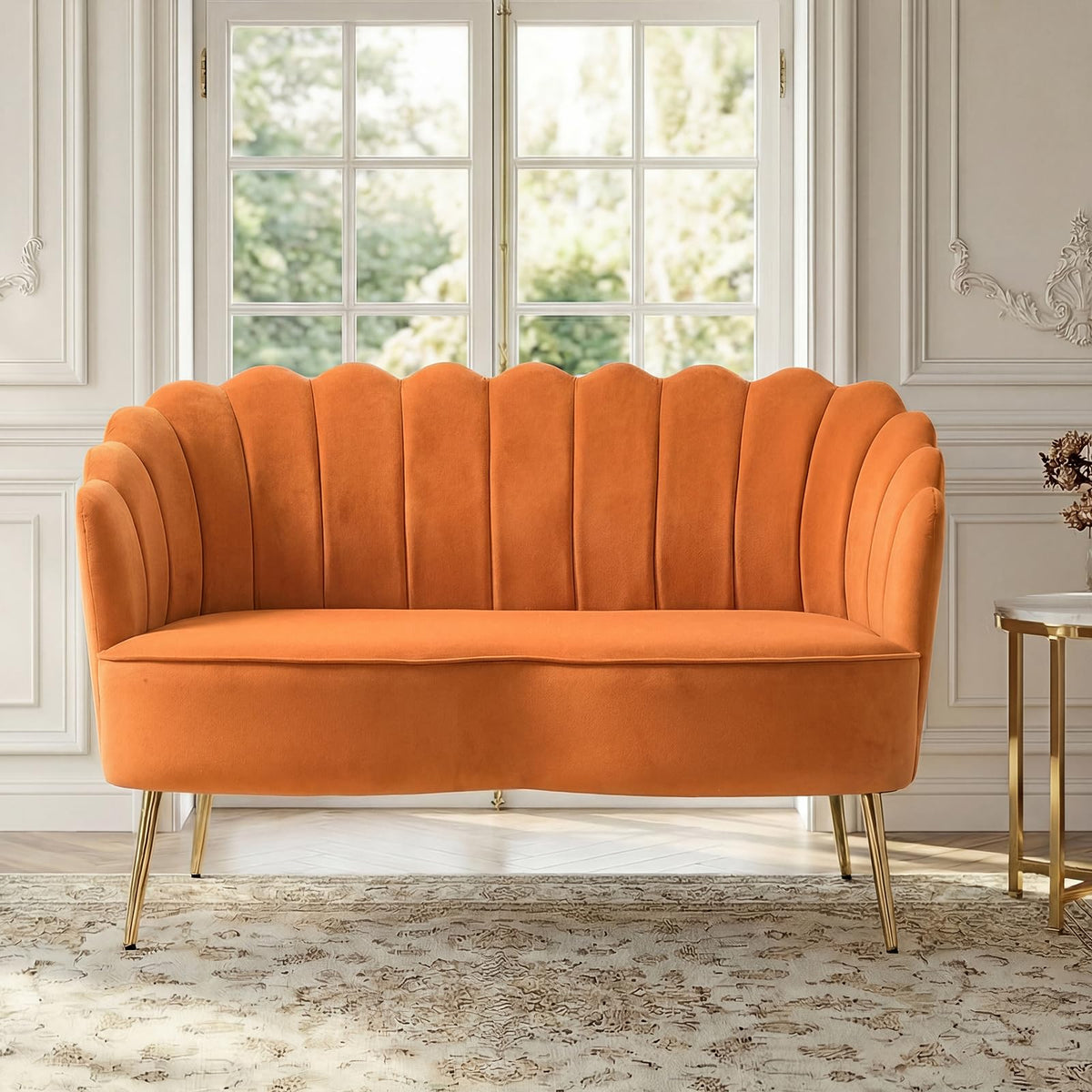 Orange Velvet 2-Seater Loveseat Sofa with Gold Metal Legs X303