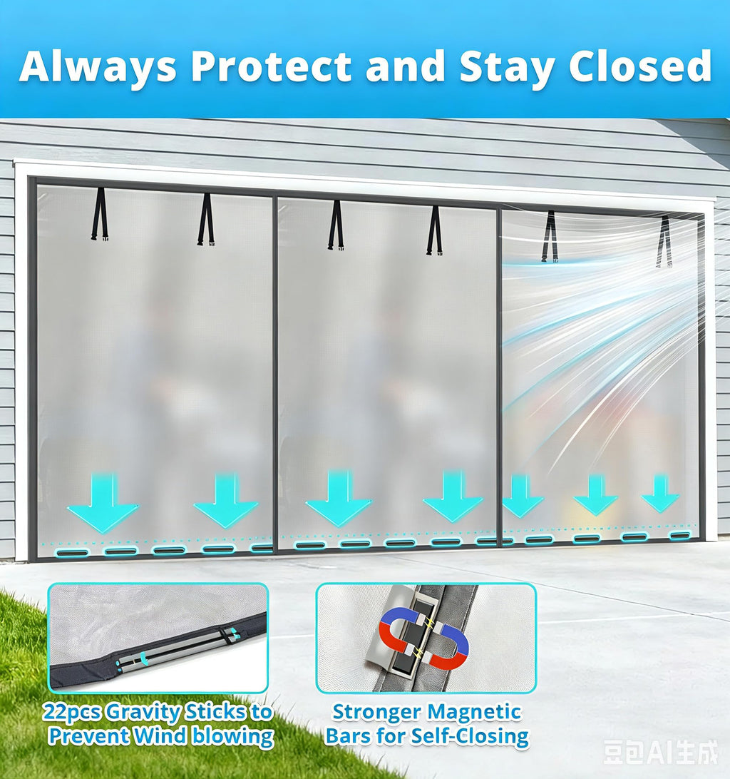 16x8FT Sliver Grey Magnetic Garage Door Screen with Fiberglass Mesh D62233