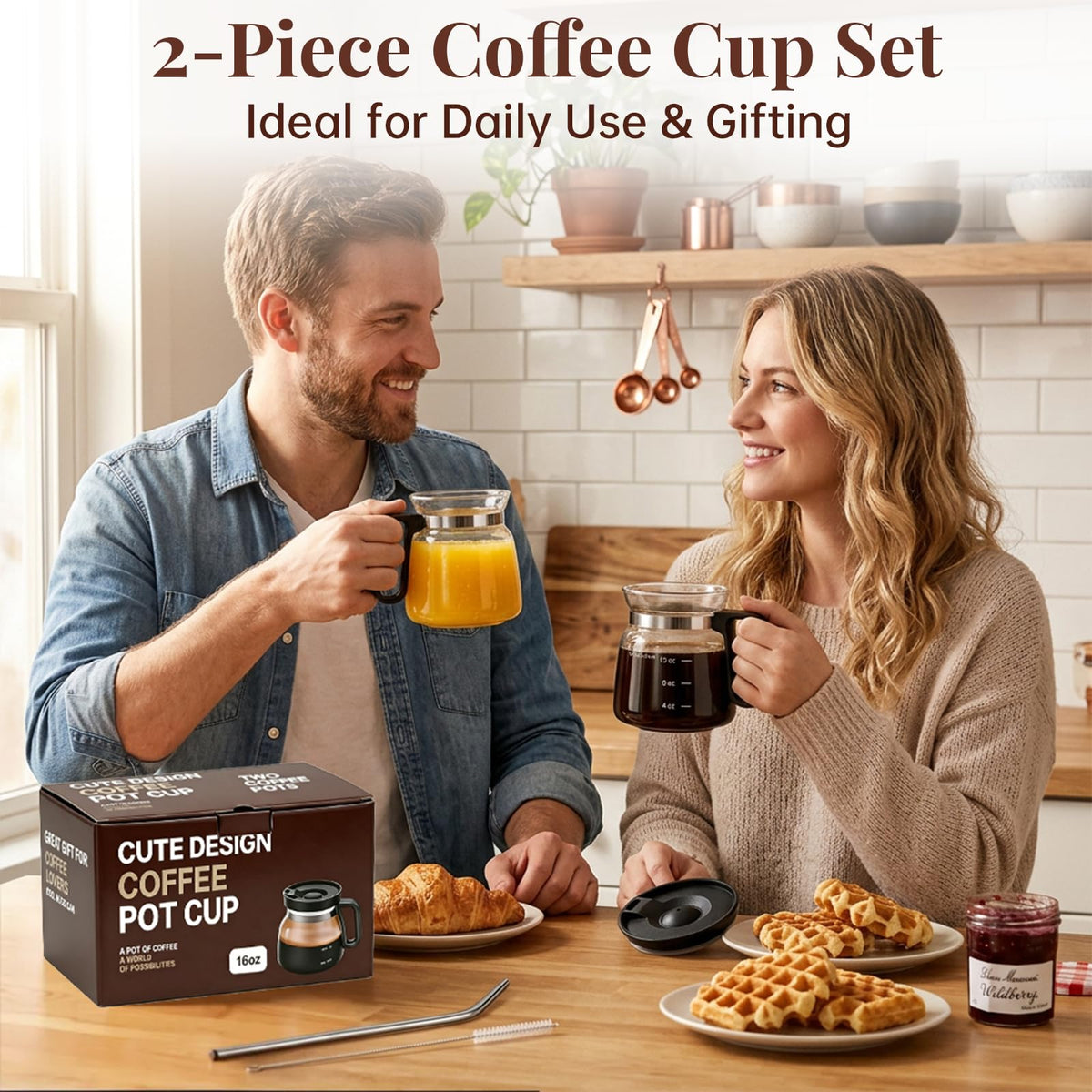 2 Pack 16oz Clear Glass Coffee Mug with Lid and Straw A200504