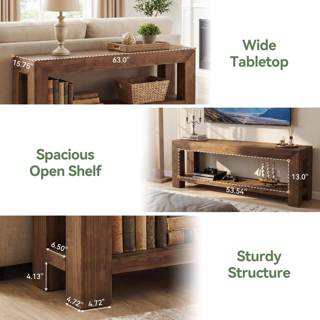 Solid Wood 63" TV Stand with Open Storage Shelves D297126