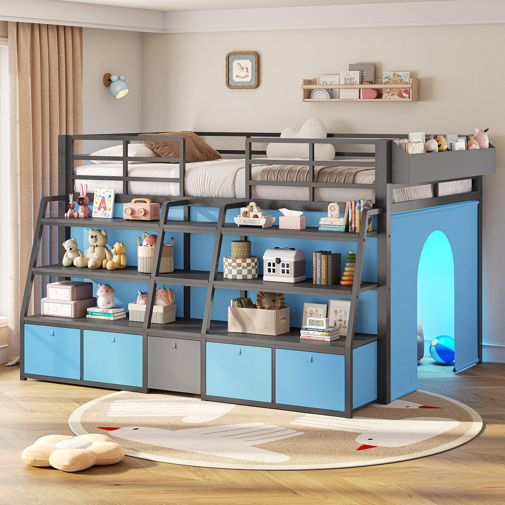 Twin Size Grey Low Loft Bed with 5 Drawers J754