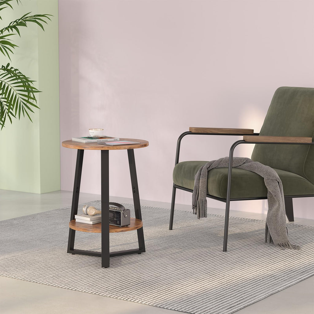Small Round End Table Set of 2, 2 Tier Side Table with Storage Shelf, Rustic Brown T495853