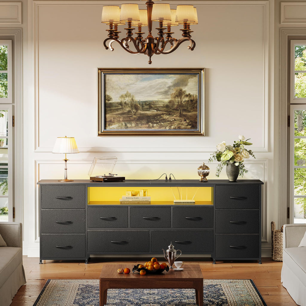 63 Inch 11 Drawer TV Stand with Power Outlets and LED Lights G48686