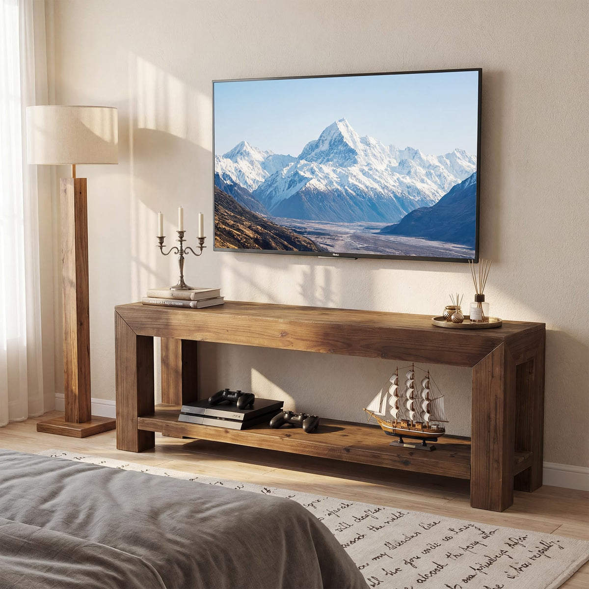 Solid Wood 63" TV Stand with Open Storage Shelves D297126