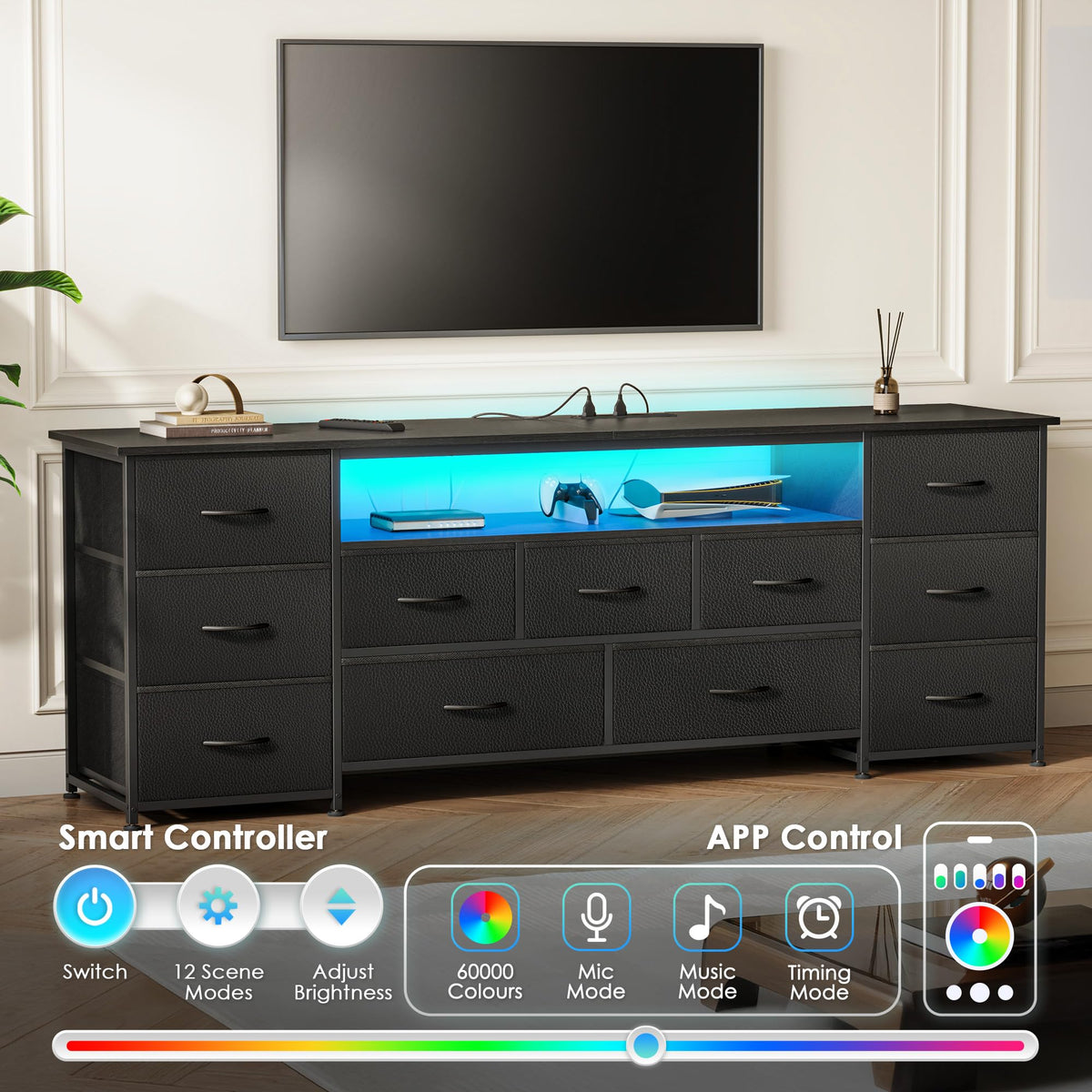 63 Inch 11 Drawer TV Stand with Power Outlets and LED Lights G48686
