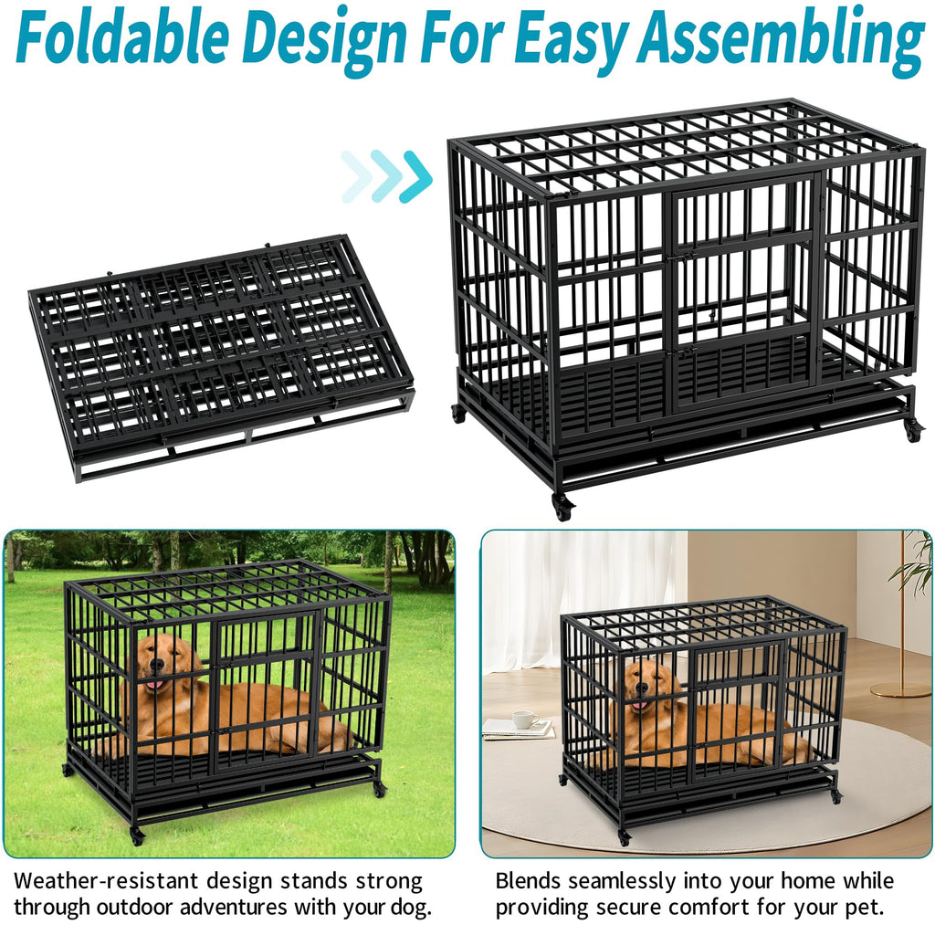 48 Inch Heavy Duty Collapsible Metal Dog Crate with Wheels X783