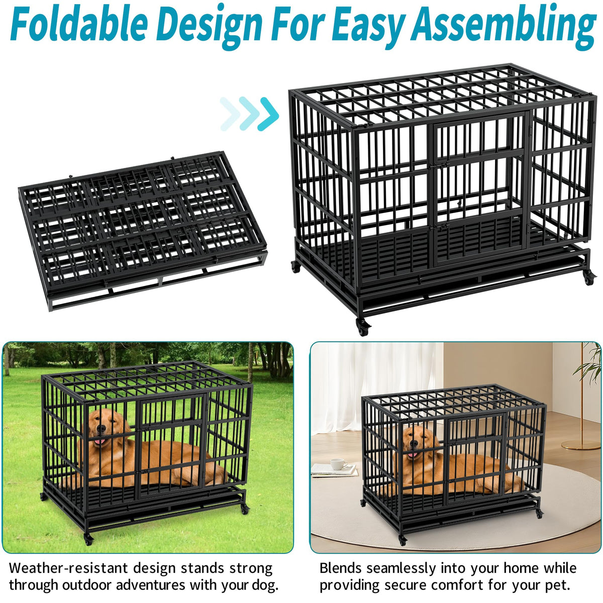48 Inch Heavy Duty Collapsible Metal Dog Crate with Wheels X783
