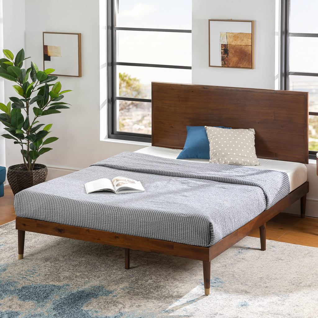 King Brown Wood Platform Bed Frame with Adjustable Headboard Q796201