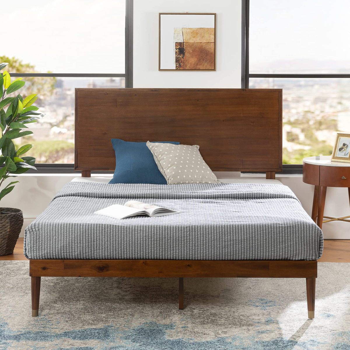 King Brown Wood Platform Bed Frame with Adjustable Headboard Q796201