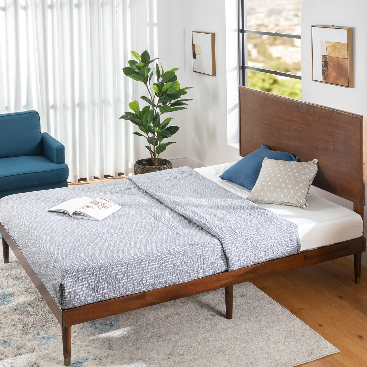 King Brown Wood Platform Bed Frame with Adjustable Headboard Q796201