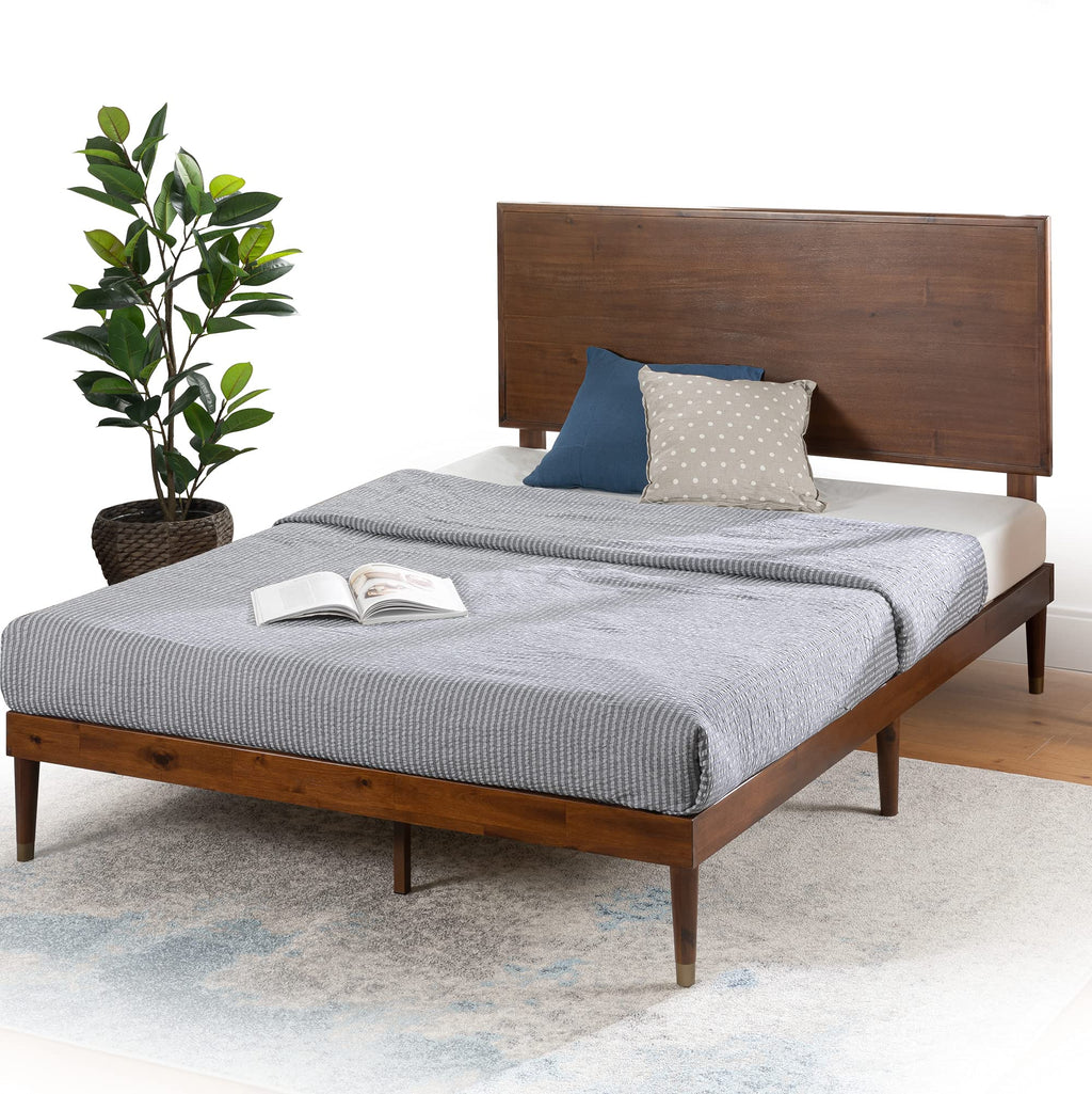 King Brown Wood Platform Bed Frame with Adjustable Headboard Q796201