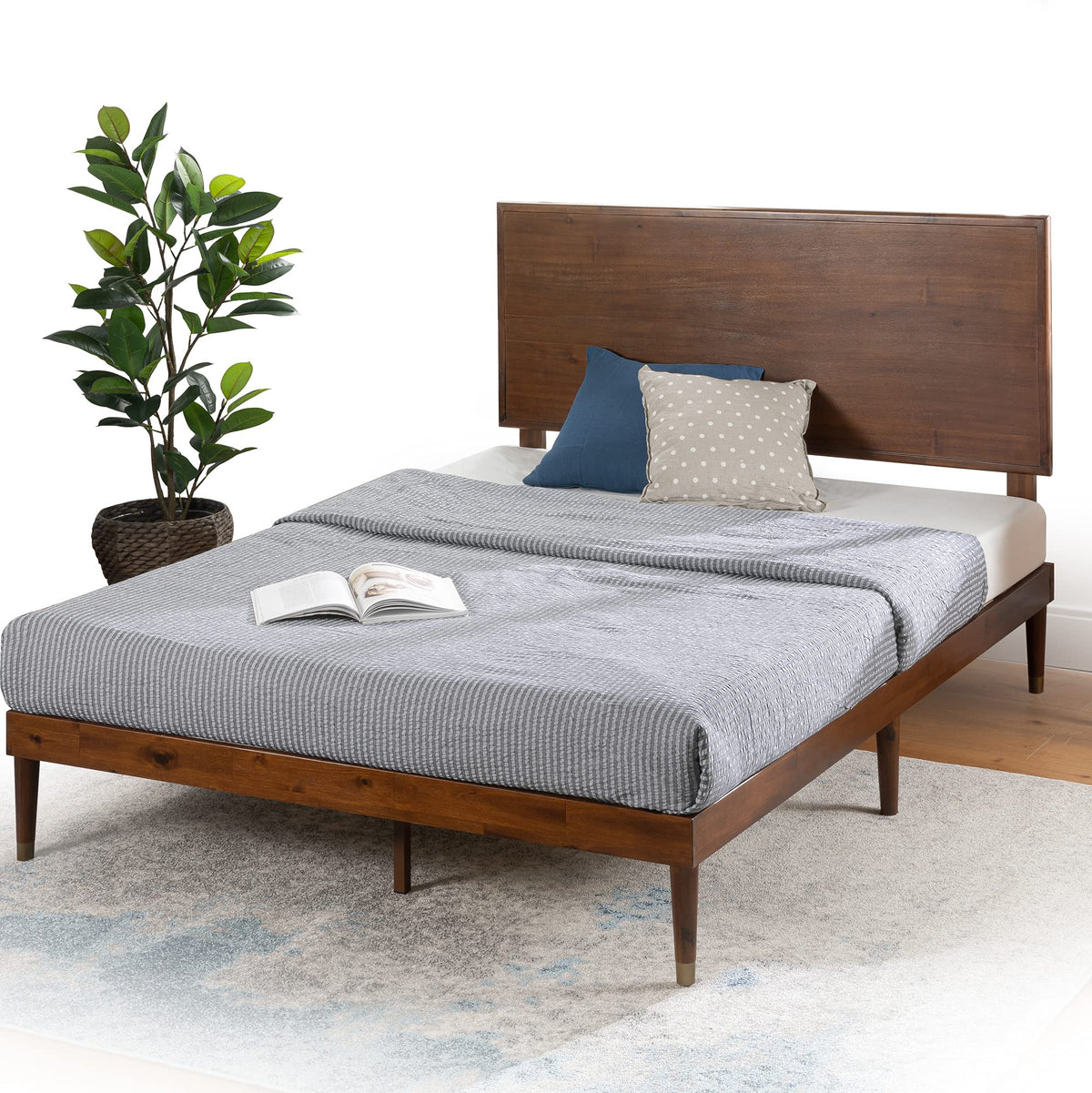 King Brown Wood Platform Bed Frame with Adjustable Headboard Q796201